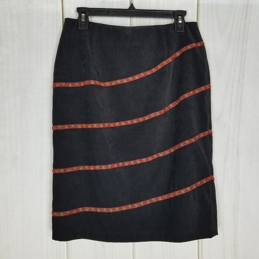 90's Y2K Vintage Silk Club Black Striped Floral Beaded Skirt Petite